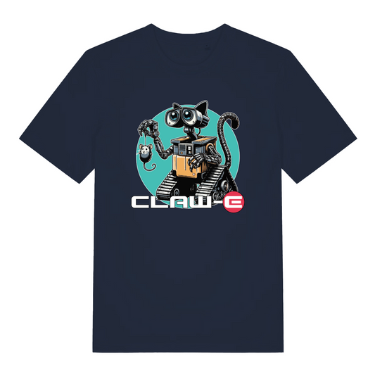 navy women's movie t-shirt with the graphic of a robotic cat and the text 'claw-e'