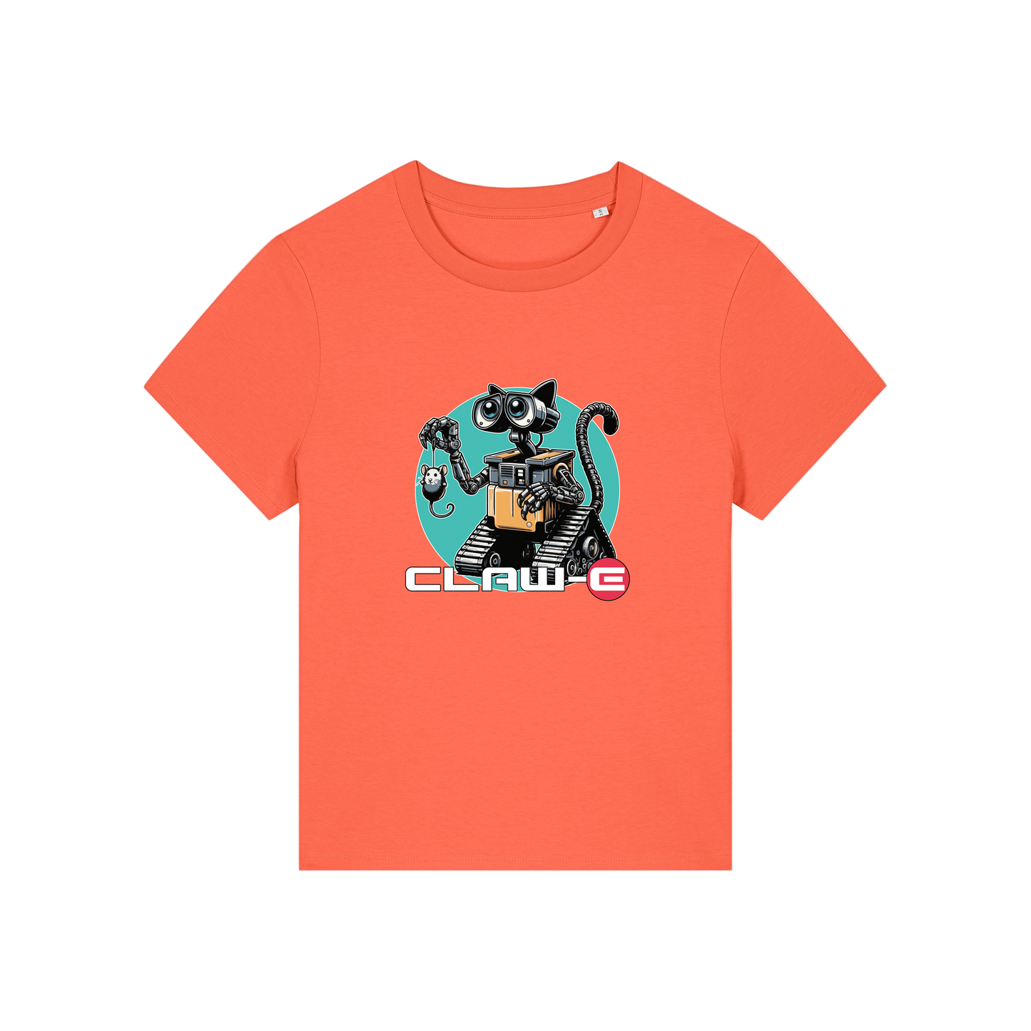 orange movie t-shirt with the graphic of a robot cat and the slogan 'claw-e'