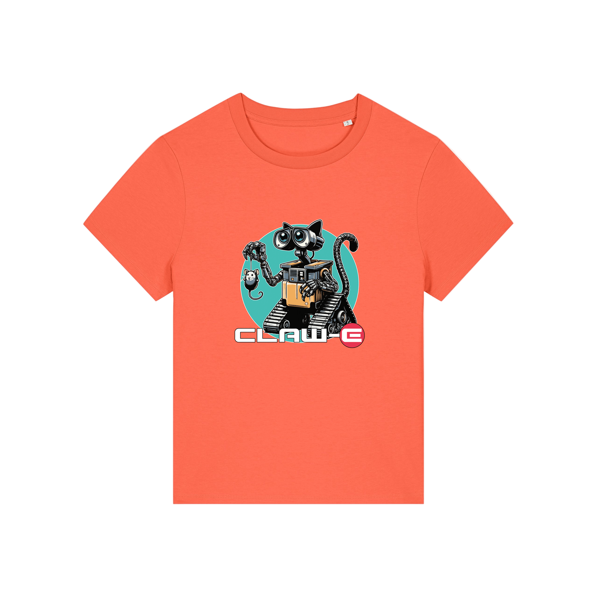orange movie t-shirt with the graphic of a robot cat and the slogan 'claw-e'