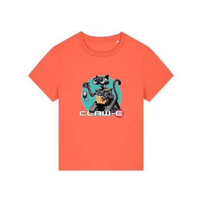 orange movie t-shirt with the graphic of a robot cat and the slogan 'claw-e'