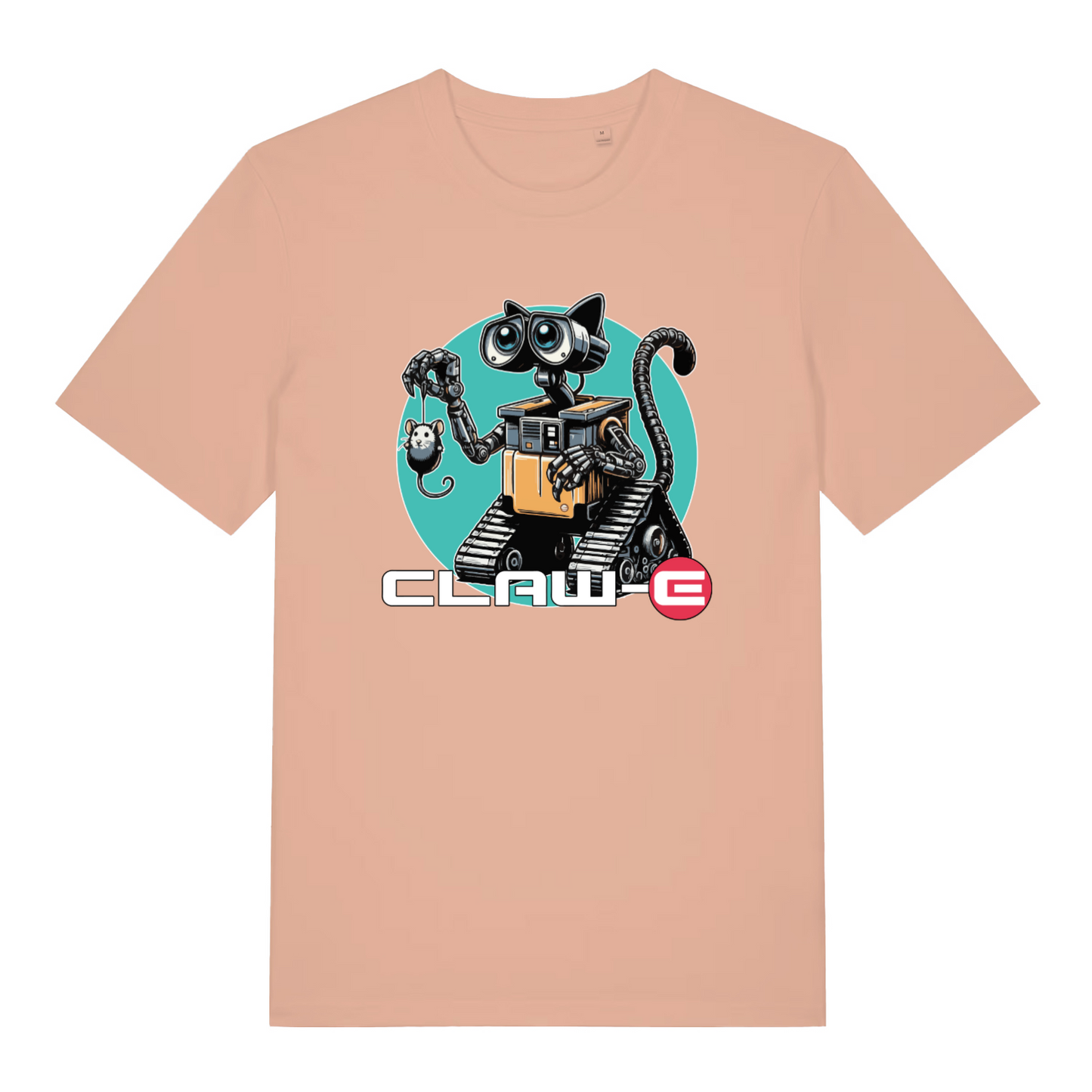peach women's movie t-shirt with the graphic of a robotic cat and the text 'claw-e'