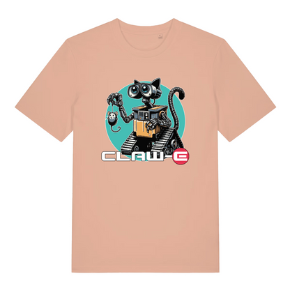 peach women's movie t-shirt with the graphic of a robotic cat and the text 'claw-e'