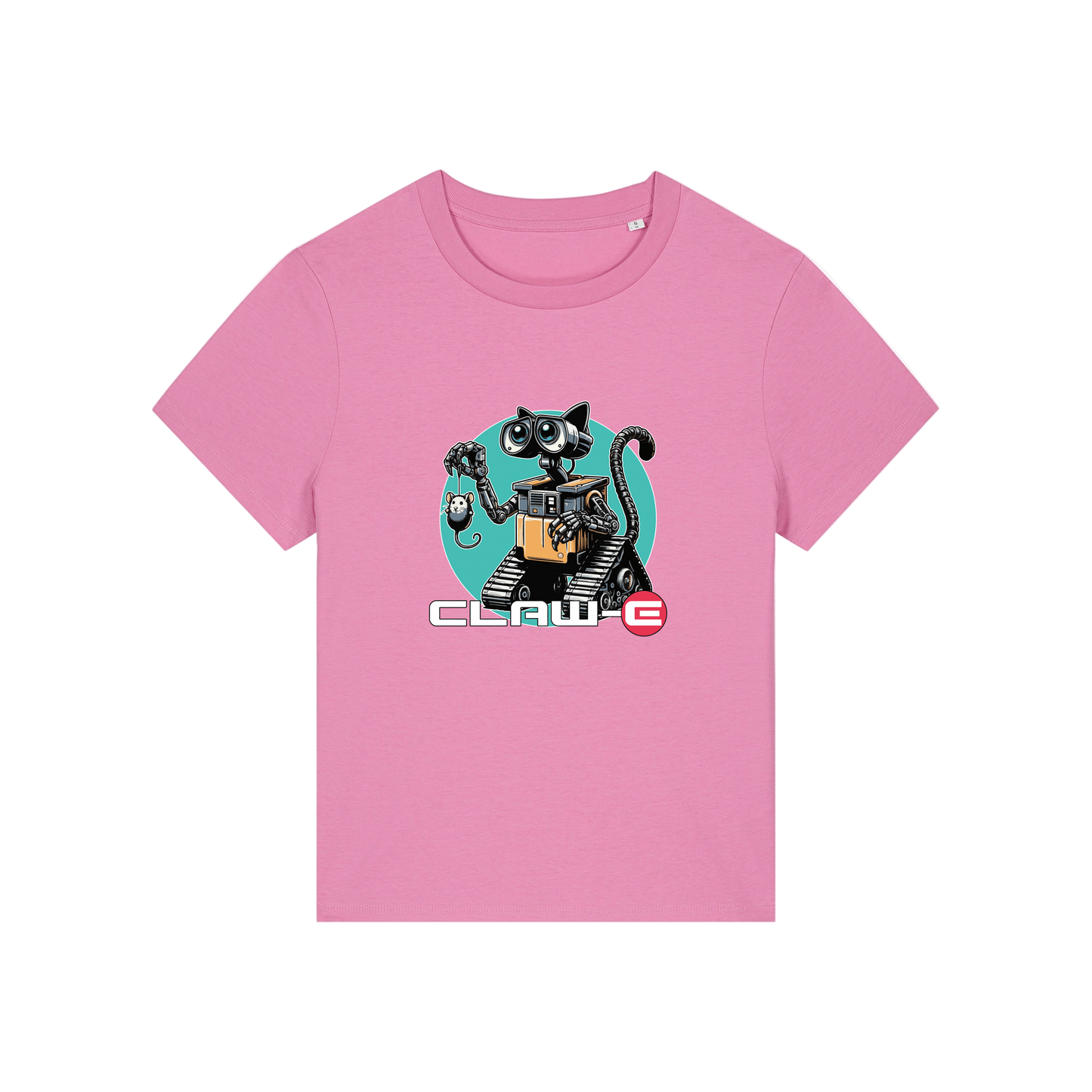 pink movie t-shirt with the graphic of a robot cat and the slogan 'claw-e'