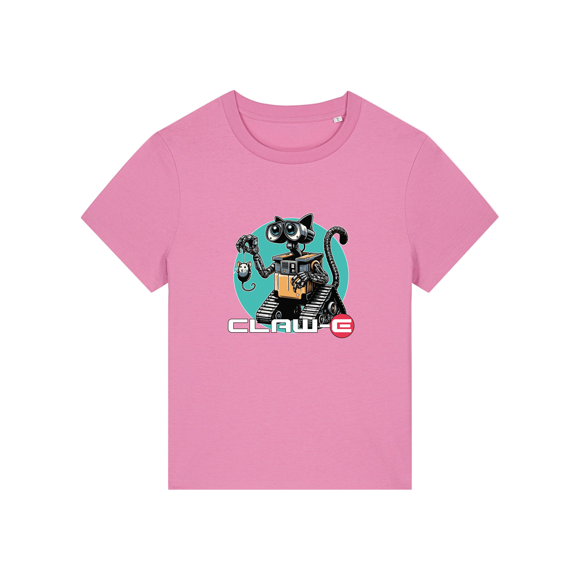 pink movie t-shirt with the graphic of a robot cat and the slogan 'claw-e'