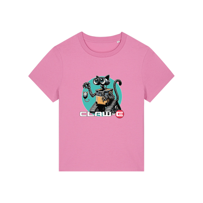 pink movie t-shirt with the graphic of a robot cat and the slogan 'claw-e'