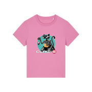 pink movie t-shirt with the graphic of a robot cat and the slogan 'claw-e'