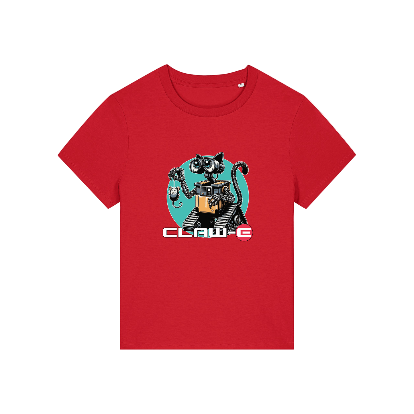 red movie t-shirt with the graphic of a robot cat and the slogan 'claw-e'