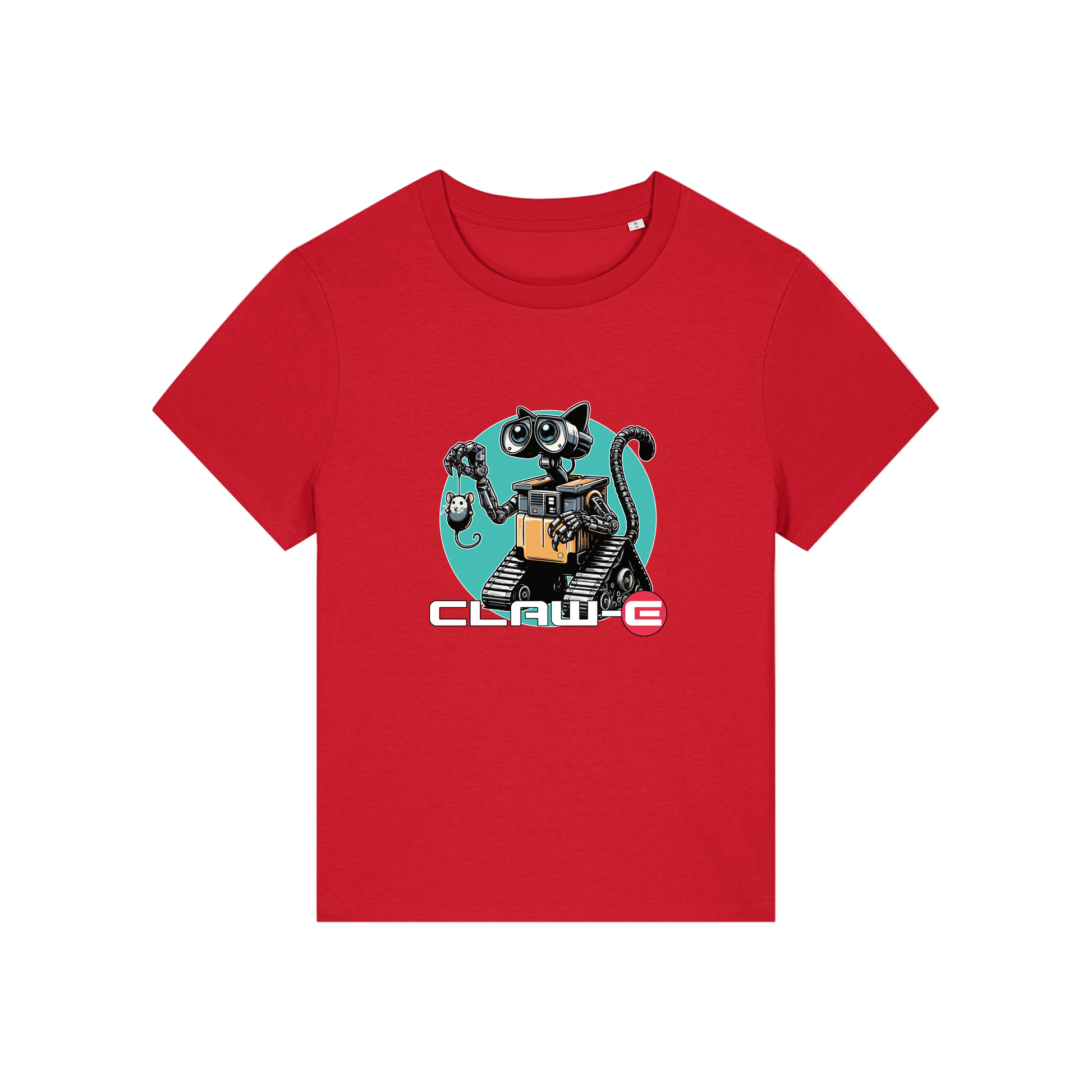 red movie t-shirt with the graphic of a robot cat and the slogan 'claw-e'