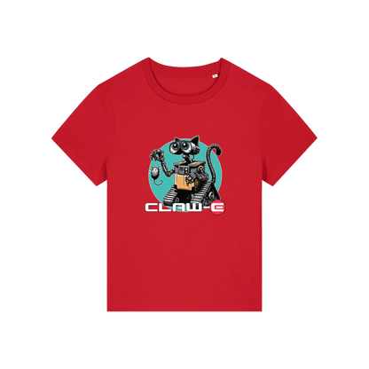red movie t-shirt with the graphic of a robot cat and the slogan 'claw-e'