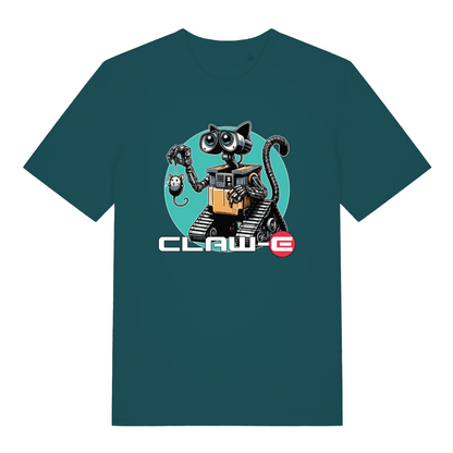 teal women's movie t-shirt with the graphic of a robotic cat and the text 'claw-e'