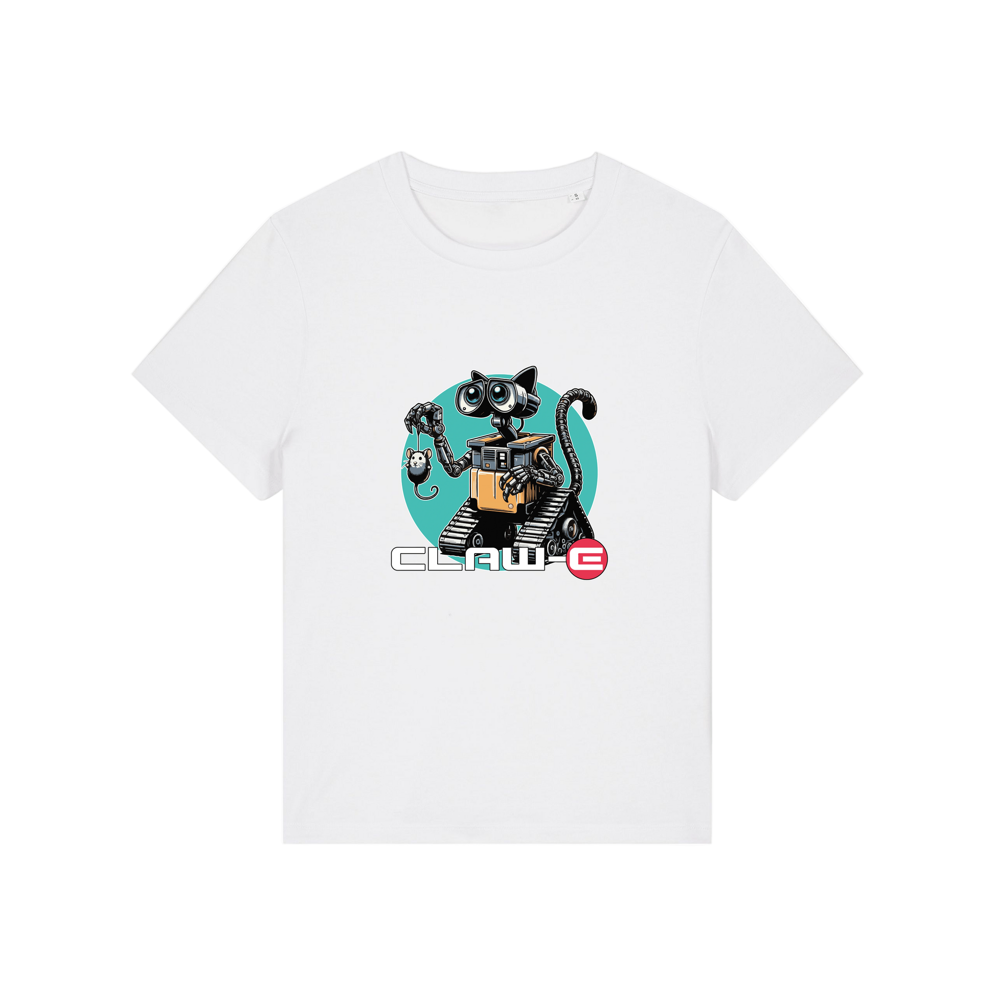 white movie t-shirt with the graphic of a robot cat and the slogan 'claw-e'