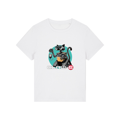 white movie t-shirt with the graphic of a robot cat and the slogan 'claw-e'