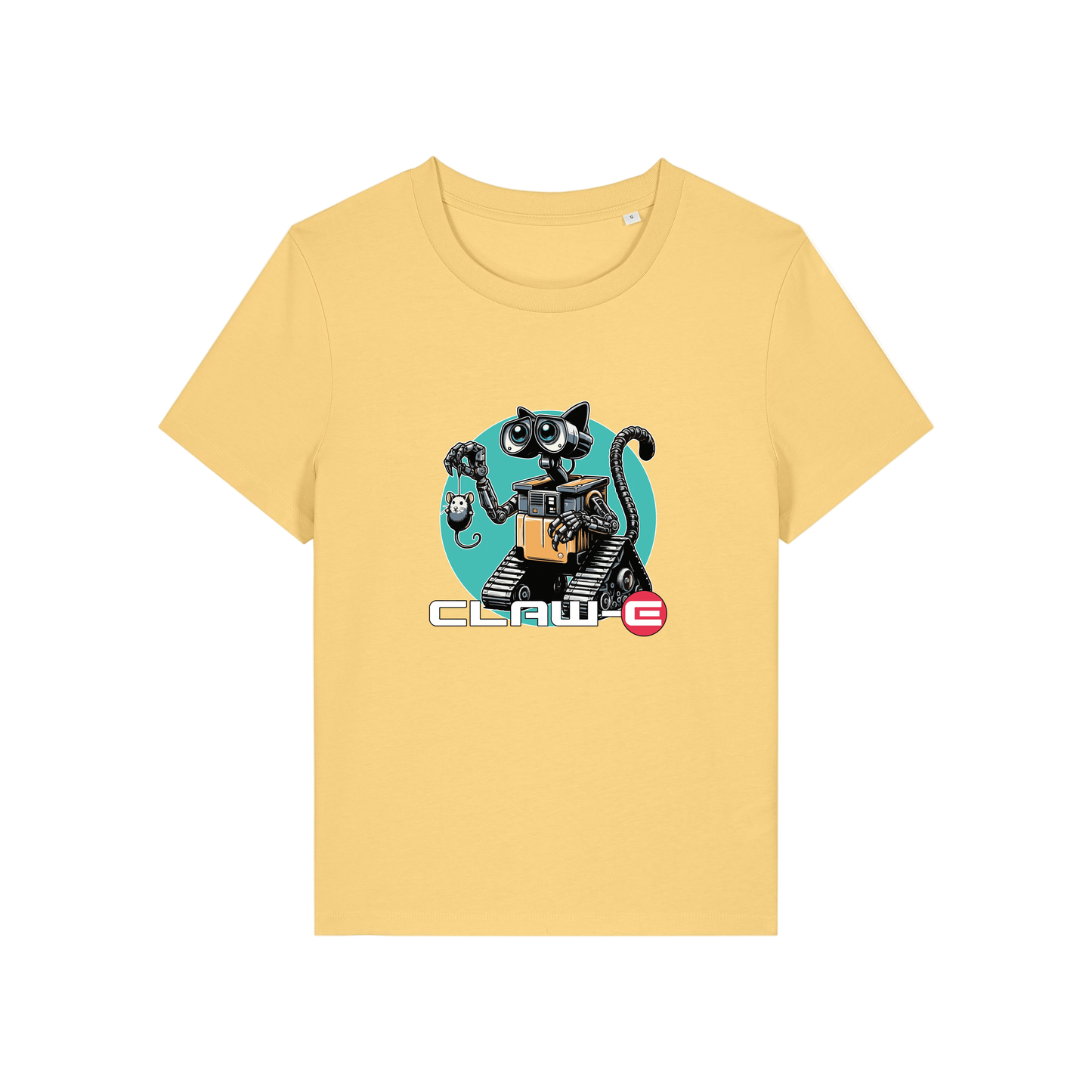 yellow movie t-shirt with the graphic of a robot cat and the slogan 'claw-e'