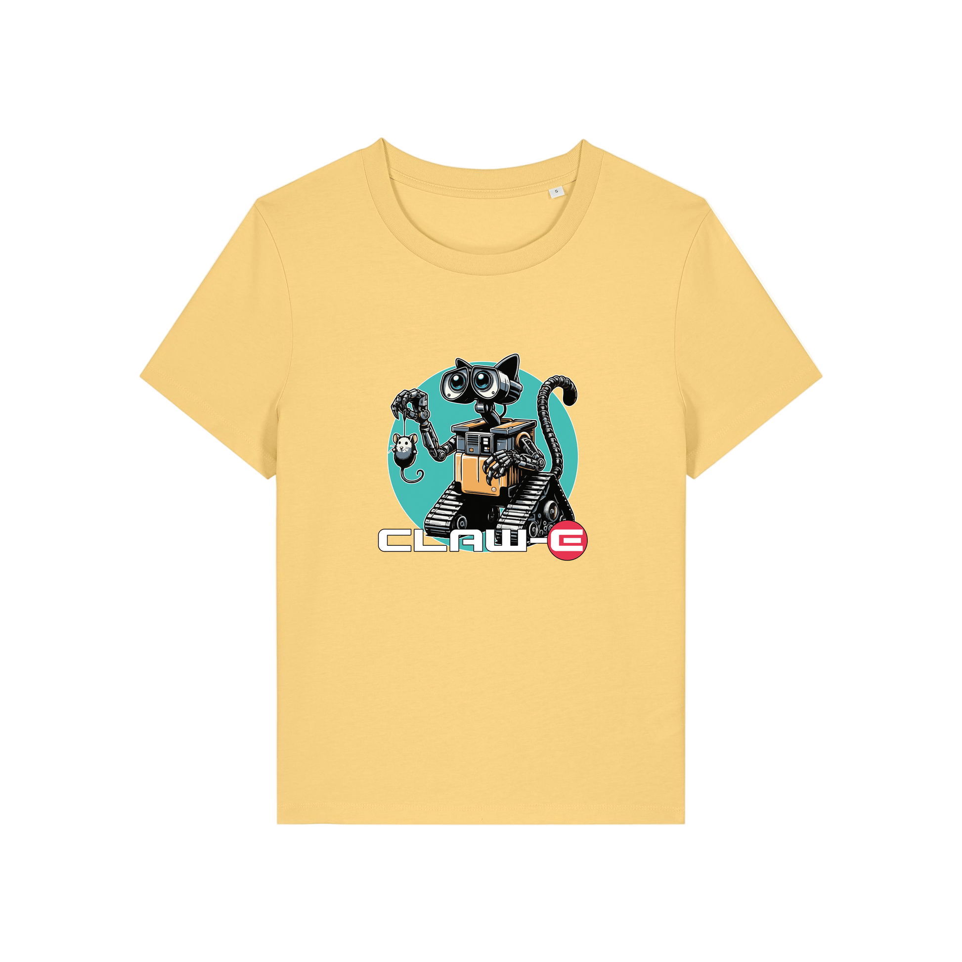 yellow movie t-shirt with the graphic of a robot cat and the slogan 'claw-e'