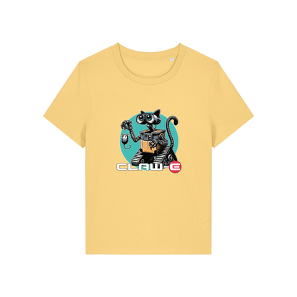 yellow movie t-shirt with the graphic of a robot cat and the slogan 'claw-e'