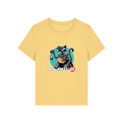 yellow movie t-shirt with the graphic of a robot cat and the slogan 'claw-e'