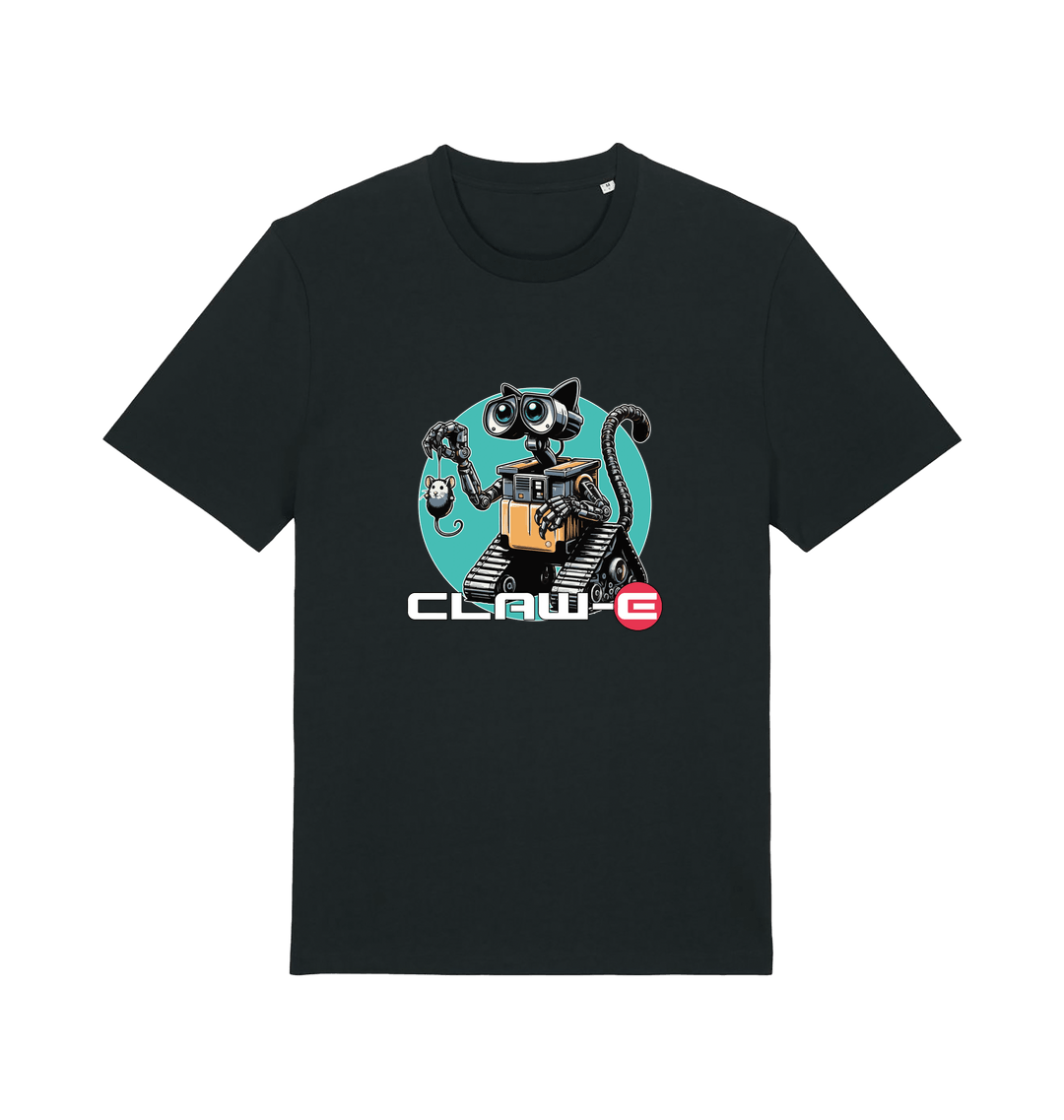 Black movie t-shirt with a robot graphic of a cat and 'CLAW-E' text 