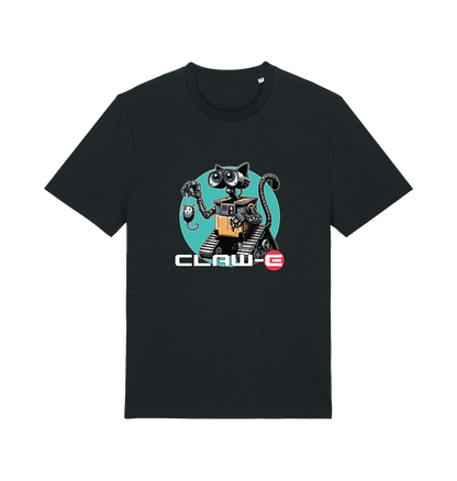 Black movie t-shirt with a robot graphic of a cat and 'CLAW-E' text 