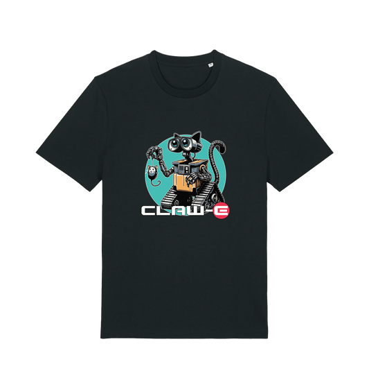 Black movie t-shirt with a robot graphic of a cat and 'CLAW-E' text 