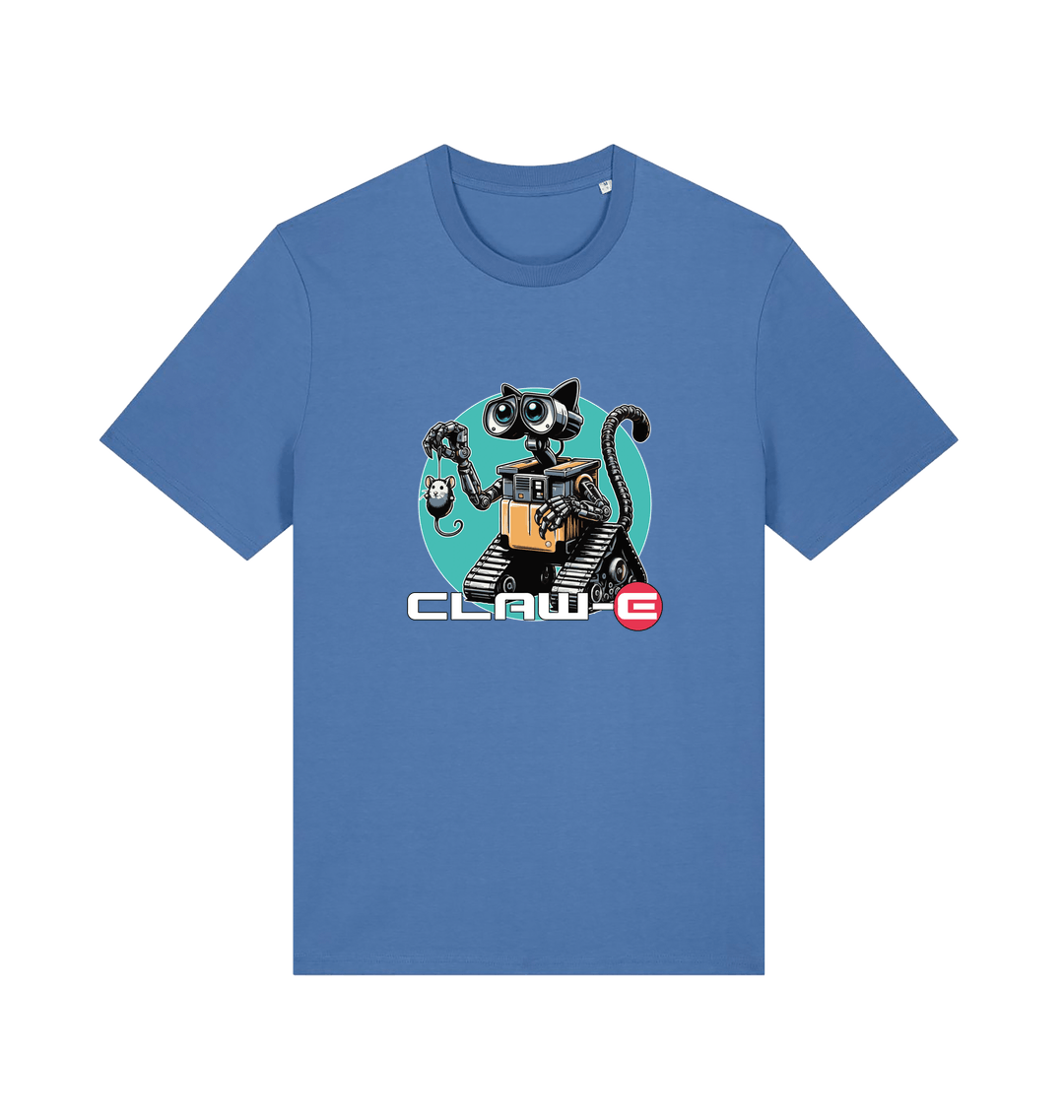 blue movie t-shirt with a robot graphic of a cat and 'CLAW-E' text 