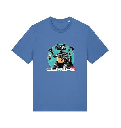 blue movie t-shirt with a robot graphic of a cat and 'CLAW-E' text 