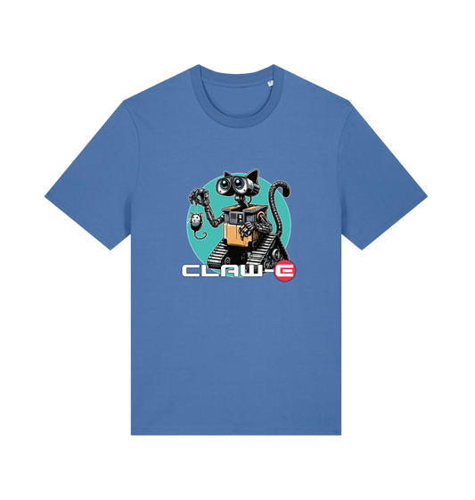 blue movie t-shirt with a robot graphic of a cat and 'CLAW-E' text 