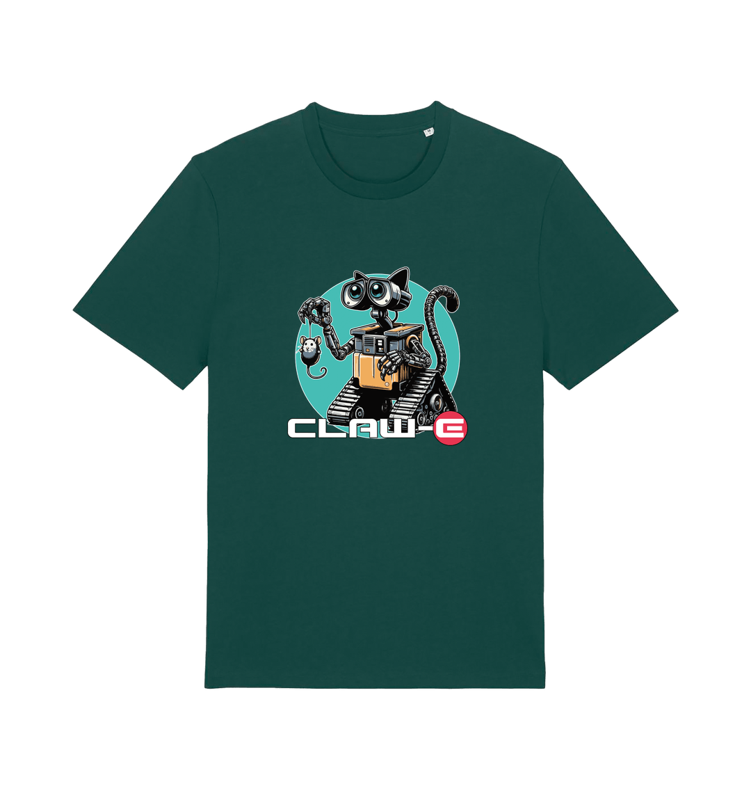 green movie t-shirt with a robot graphic of a cat and 'CLAW-E' text 