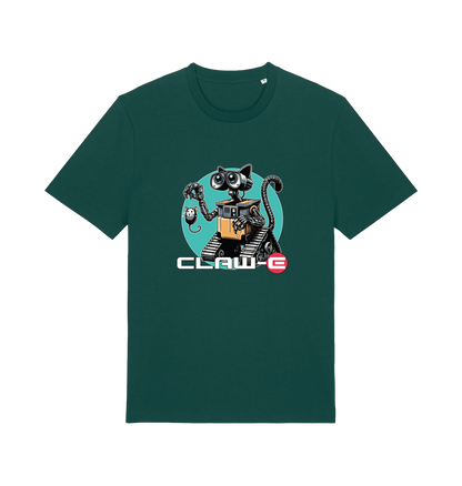 green movie t-shirt with a robot graphic of a cat and 'CLAW-E' text 