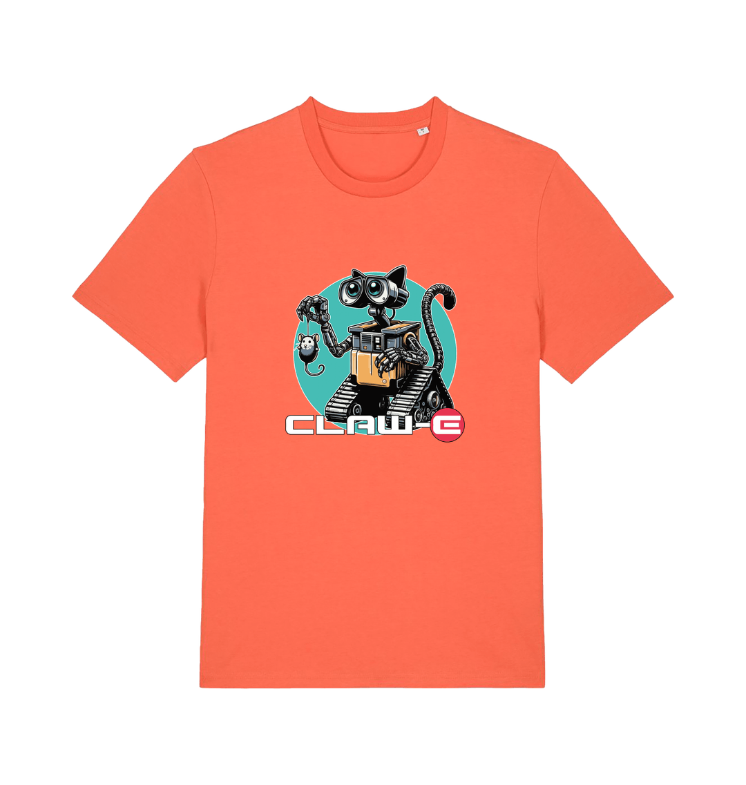 orange movie t-shirt with a robot graphic of a cat and 'CLAW-E' text 