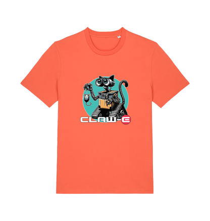 orange movie t-shirt with a robot graphic of a cat and 'CLAW-E' text 