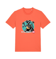 orange movie t-shirt with a robot graphic of a cat and 'CLAW-E' text 