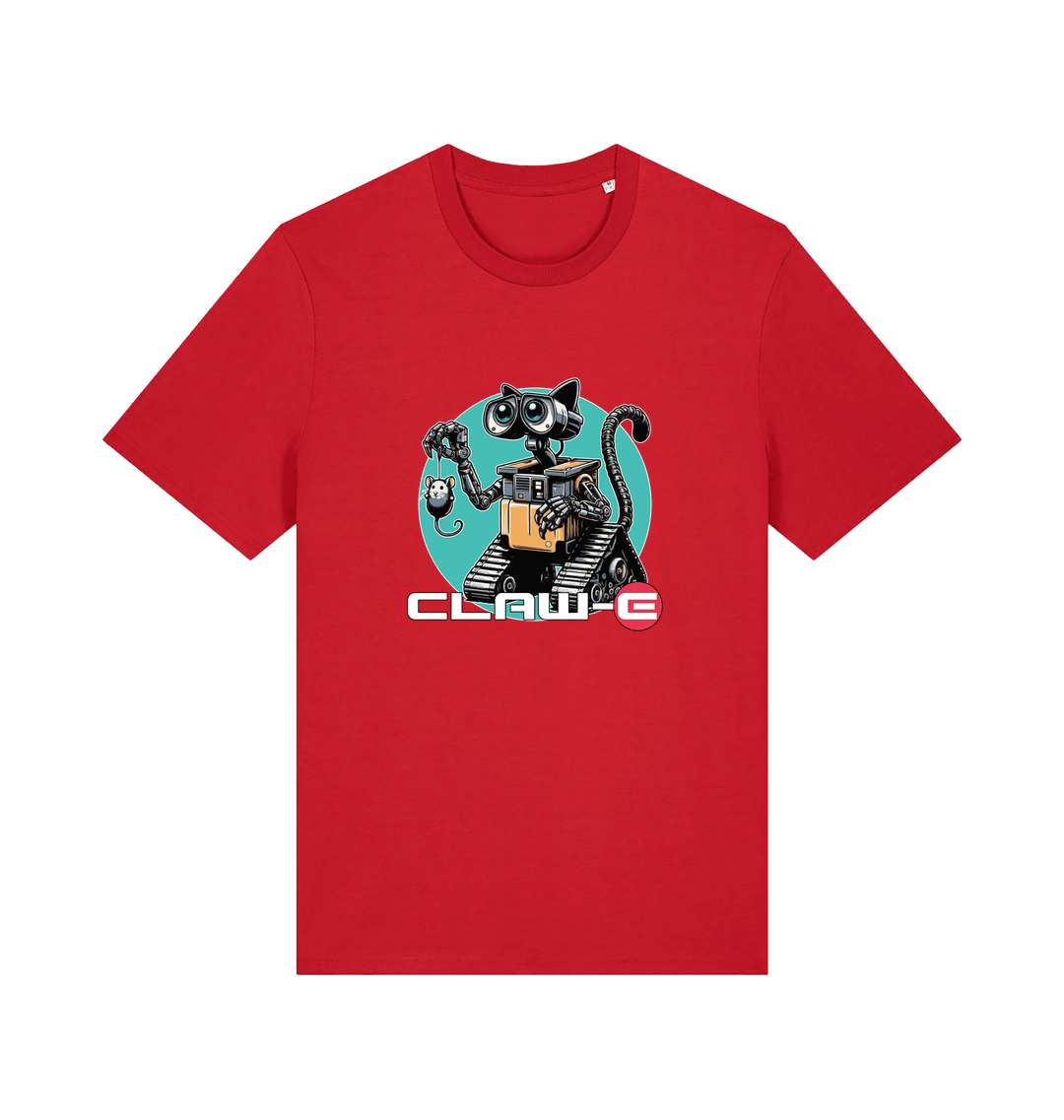 red movie t-shirt with a robot graphic of a cat and 'CLAW-E' text 