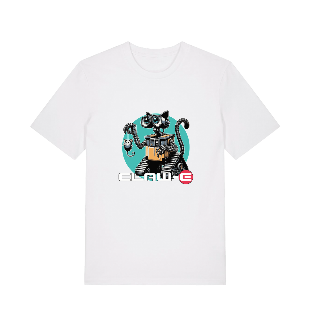 white movie t-shirt with a robot graphic of a cat and 'CLAW-E' text 