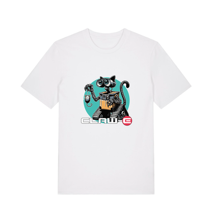 white movie t-shirt with a robot graphic of a cat and 'CLAW-E' text 