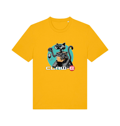 yellow movie t-shirt with a robot graphic of a cat and 'CLAW-E' text 