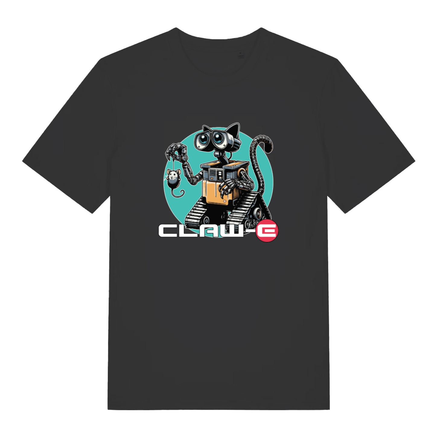 black animal t-shirt with the graphic of a robot cat and the slogan 'claw-e'