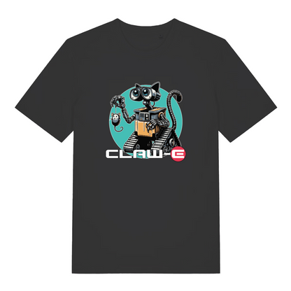 black animal t-shirt with the graphic of a robot cat and the slogan 'claw-e'