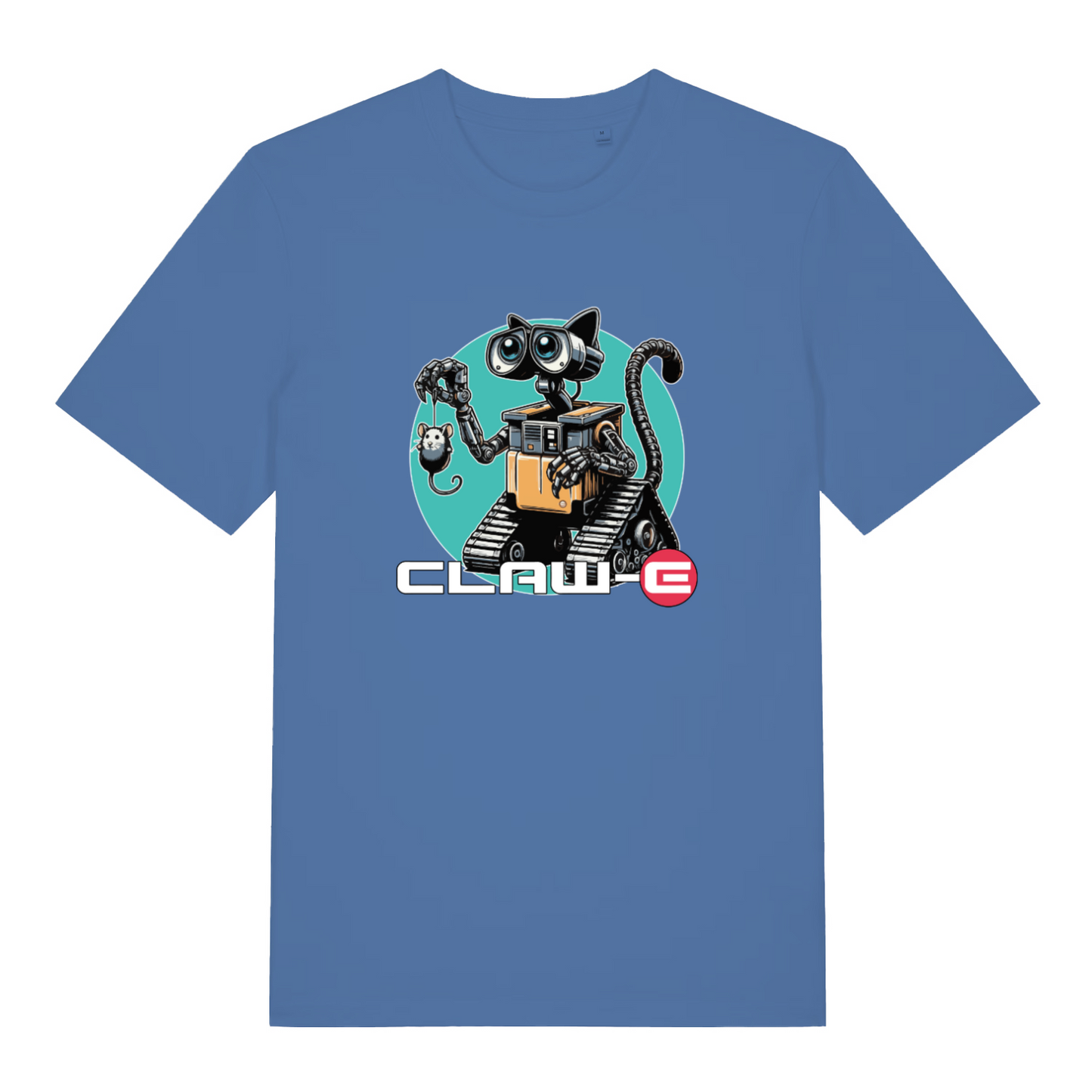 blue animal t-shirt with the graphic of a robot cat and the slogan 'claw-e'