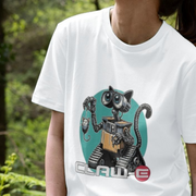 White cat t-shirt with a robot and cat graphic and 'CLAWE' branding.