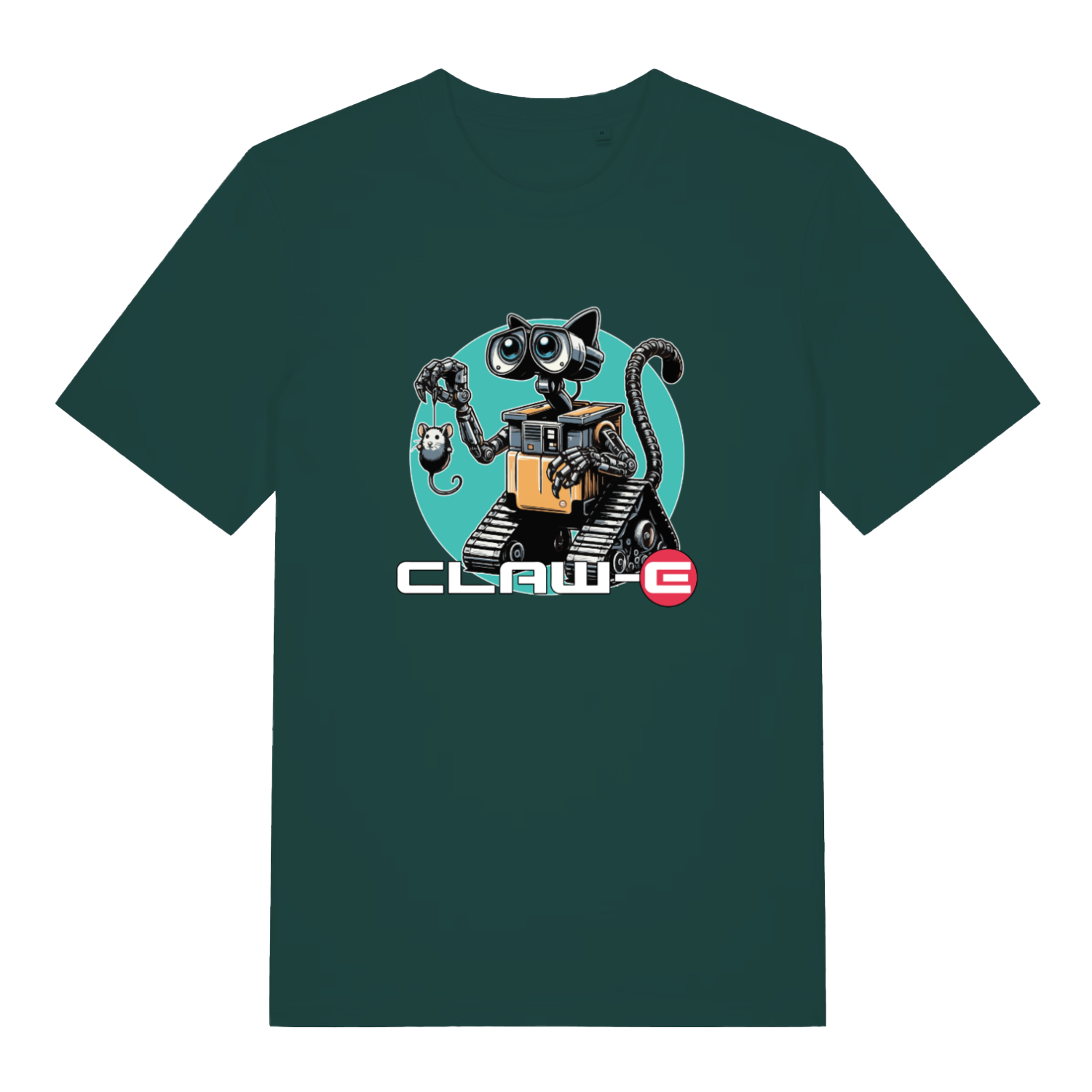 green animal t-shirt with the graphic of a robot cat and the slogan 'claw-e'