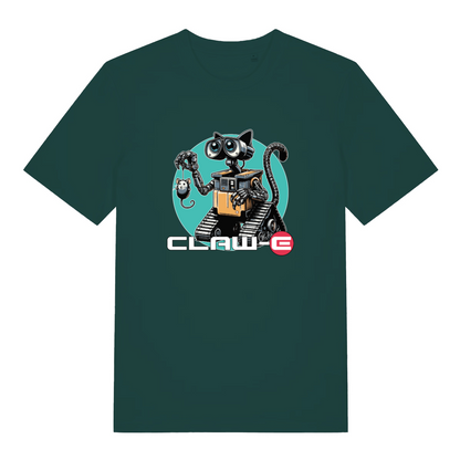 green animal t-shirt with the graphic of a robot cat and the slogan 'claw-e'