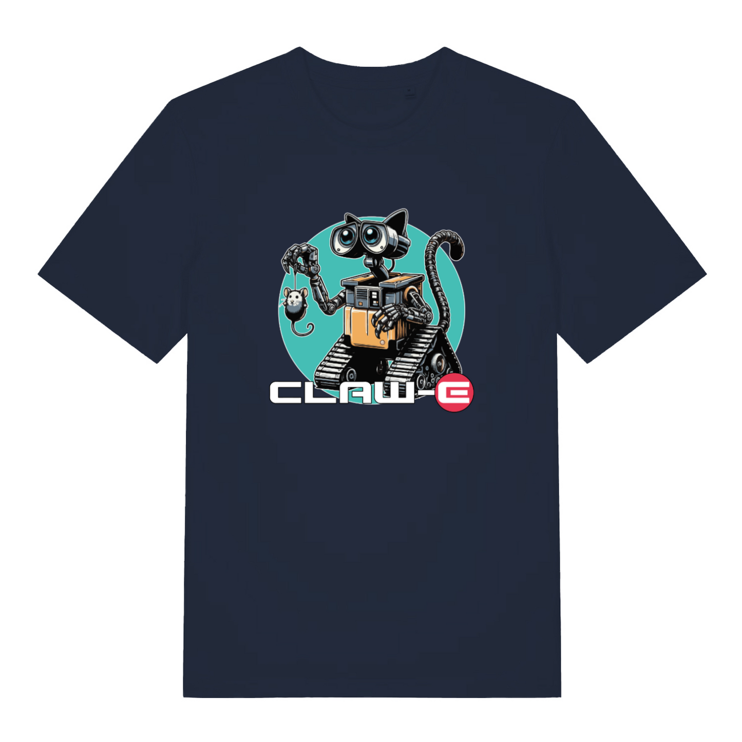 navy animal t-shirt with the graphic of a robot cat and the slogan 'claw-e'