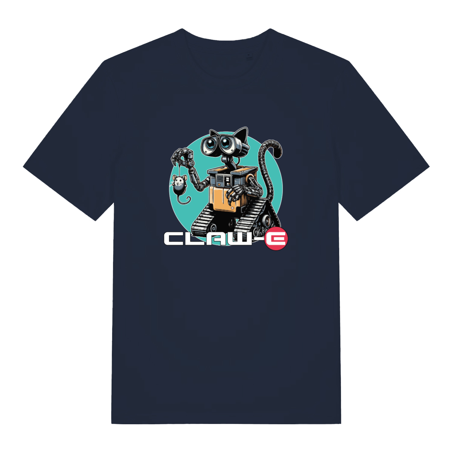 navy animal t-shirt with the graphic of a robot cat and the slogan 'claw-e'