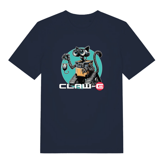navy animal t-shirt with the graphic of a robot cat and the slogan 'claw-e'