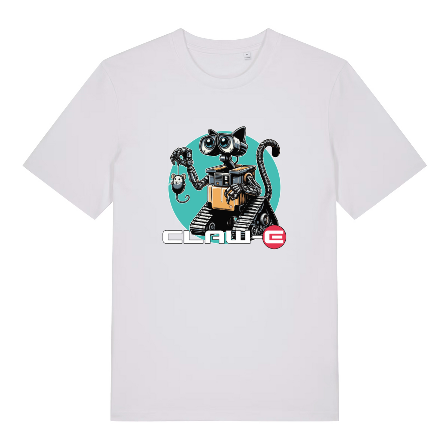 white animal t-shirt with the graphic of a robot cat and the slogan 'claw-e'