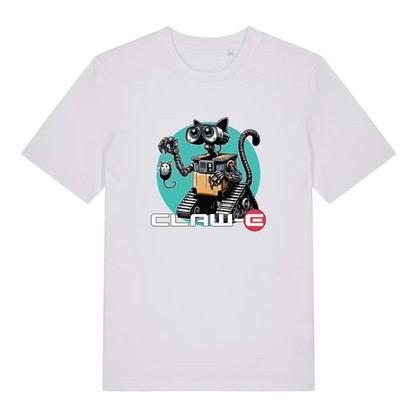 white animal t-shirt with the graphic of a robot cat and the slogan 'claw-e'