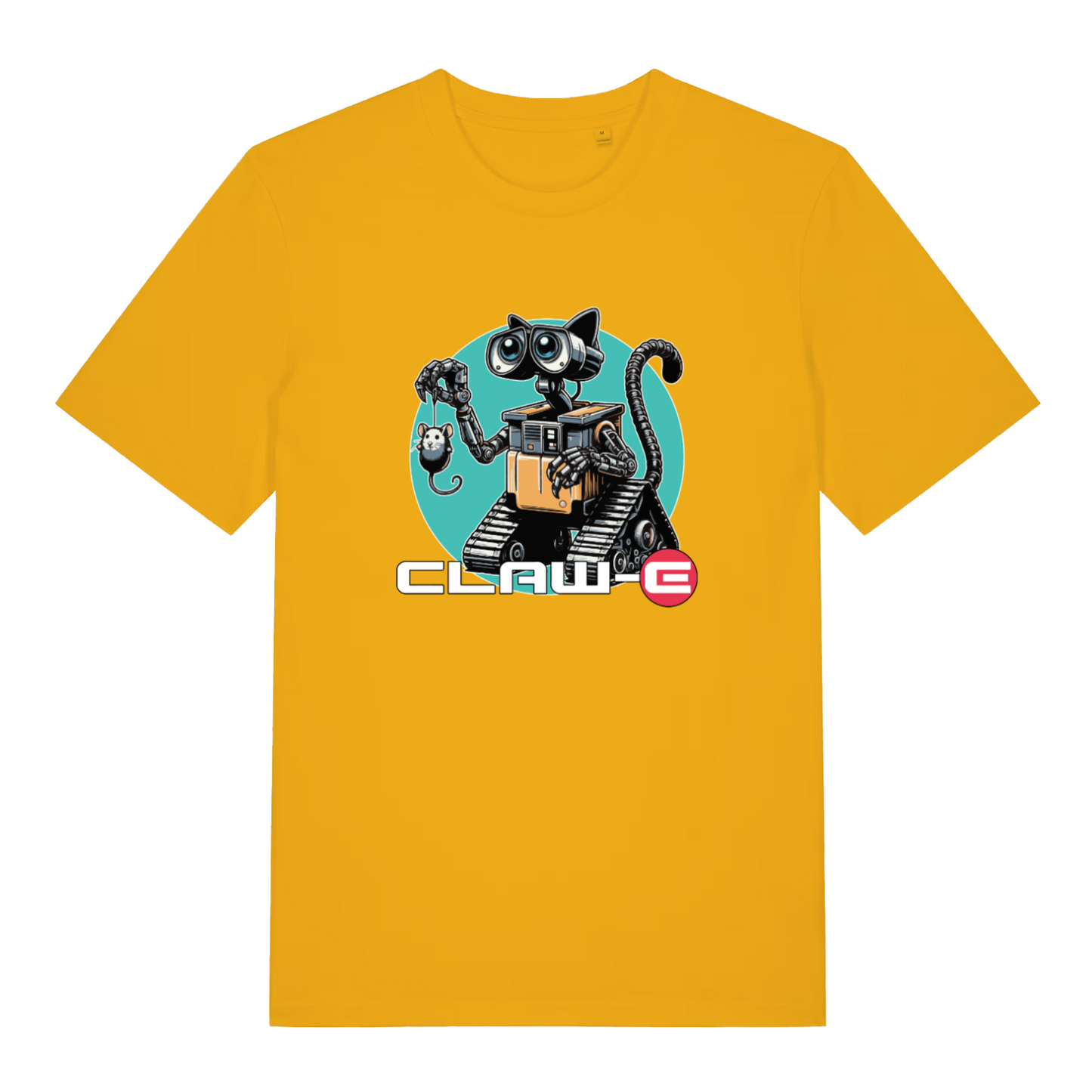 yellow animal t-shirt with the graphic of a robot cat and the slogan 'claw-e'