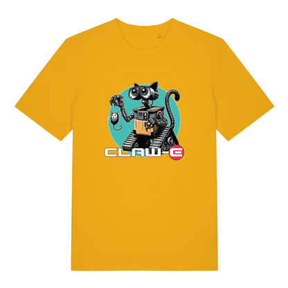 yellow animal t-shirt with the graphic of a robot cat and the slogan 'claw-e'