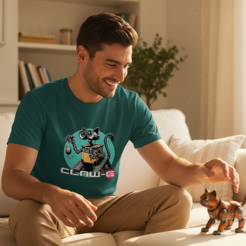 Man sitting on a couch wearing a teal t-shirt with a robot design, interacting with a toy figure.
