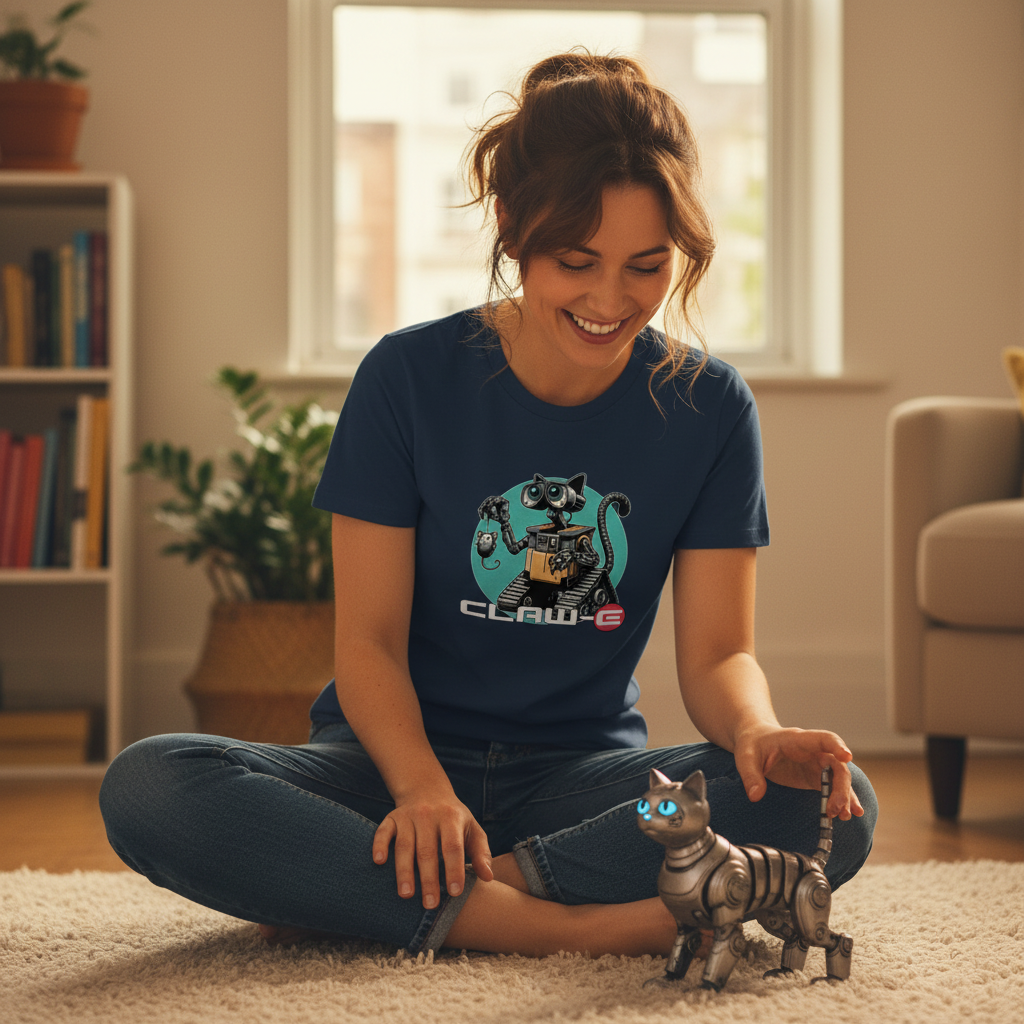 woman wearing a graphic t-shirt inspired by the movie wall-e, playing with a robot kitten